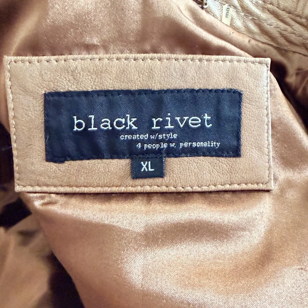 Black Rivet Soft Tan Leather Zippered Moto Bomber Jacket XL - Picture 6 of 8